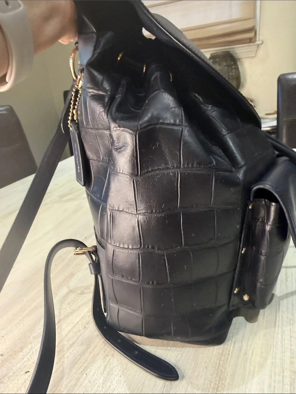 Coach Dark Navy Croc-Embossed Leather Rucksack  Backpack with Gold-Tone Hardware